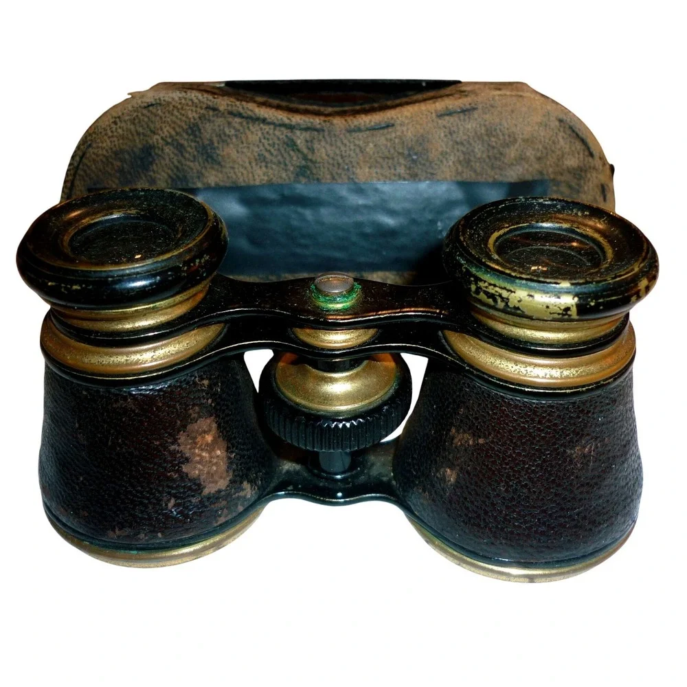 Antique Brass Leather Opera Glasses Victorian Theater Binoculars Blue Satin Case